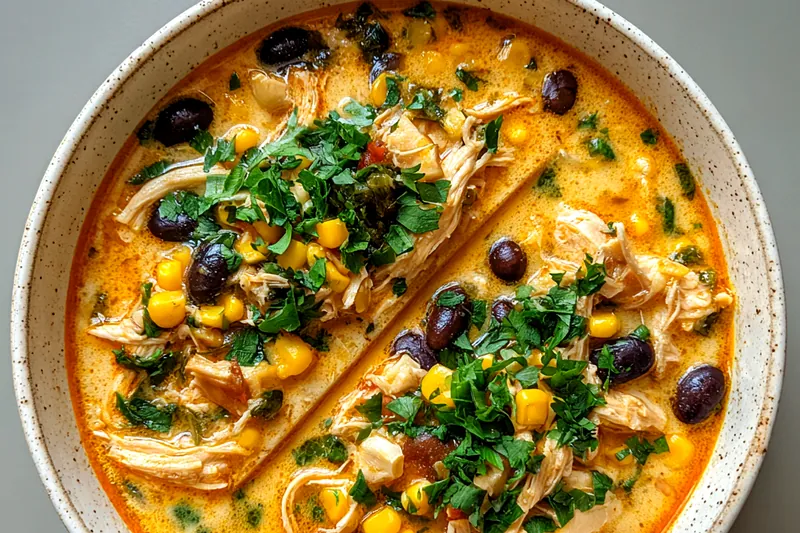Cooking process for Spicy Creamy Chicken Poblano Corn Soup, showing simmering in a pot