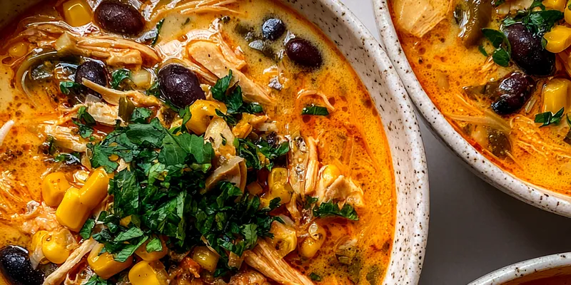 Delicious Spicy Creamy Chicken Poblano Corn Soup served on a plate