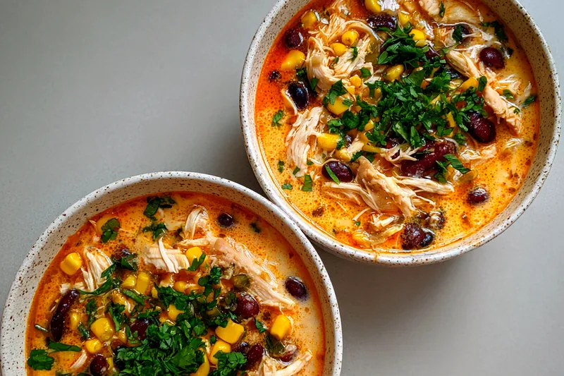 Fresh ingredients for Spicy Creamy Chicken Poblano Corn Soup, including chicken, poblanos, corn, and cilantro