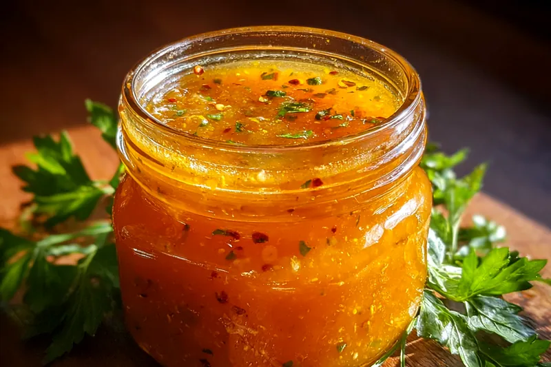 A colorful arrangement of ingredients for Spicy Honey Ranch, including honey, hot sauce, and spices.
