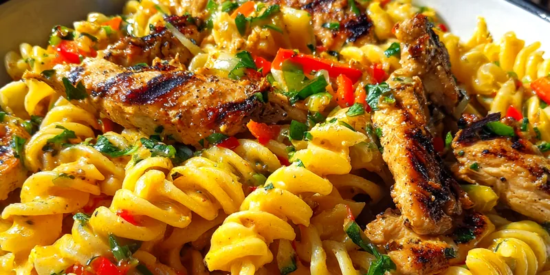 Delicious Spicy Jerk Chicken Pasta served on a plate