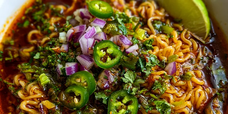 Delicious Spicy Noodle Soup with Herbs served on a plate