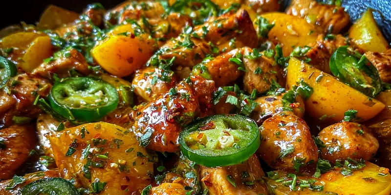 Delicious Spicy Peach Chicken Delight served on a plate