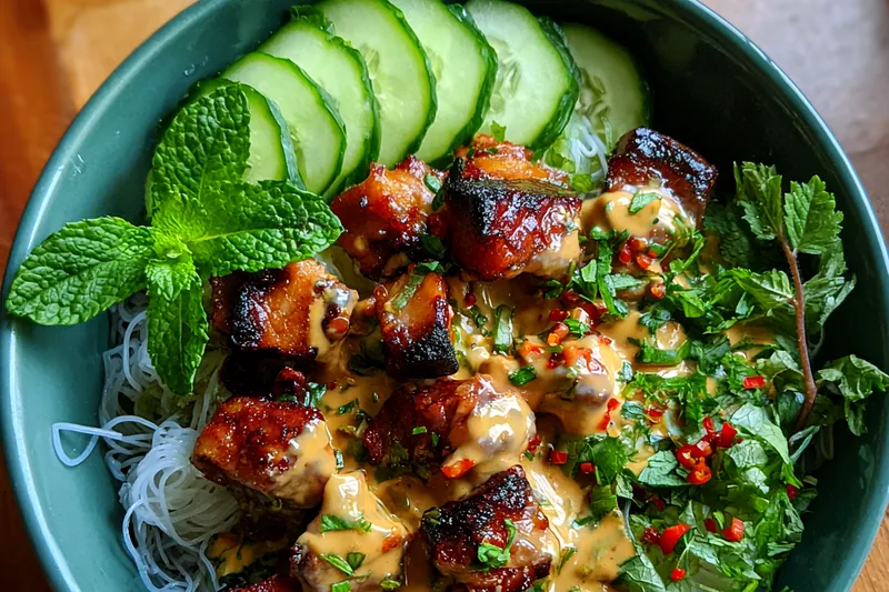 Cooking process for Spicy Peanut Chicken Vermicelli Noodle Bowl