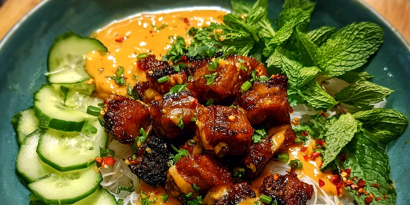 Delicious Spicy Peanut Chicken Vermicelli Noodle Bowl served on a plate