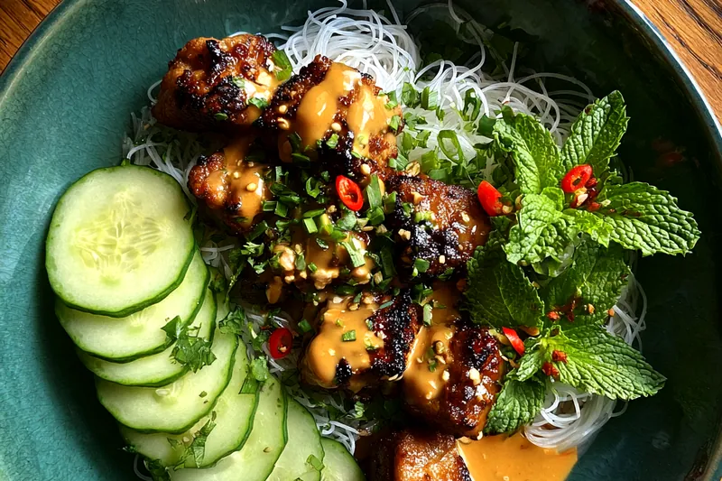 Fresh ingredients for Spicy Peanut Chicken Vermicelli Noodle Bowl