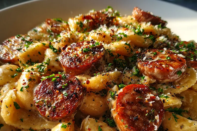 Cooking process for Spicy Sausage Alfredo