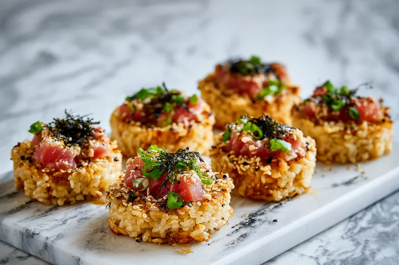 Crispy spicy tuna rice squares being fried in a skillet