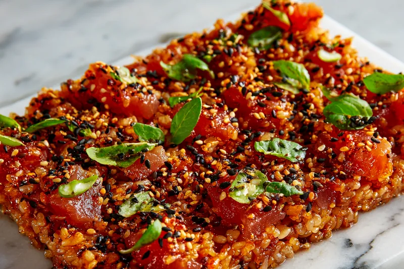 Ingredients for crispy spicy tuna rice squares laid out on a countertop