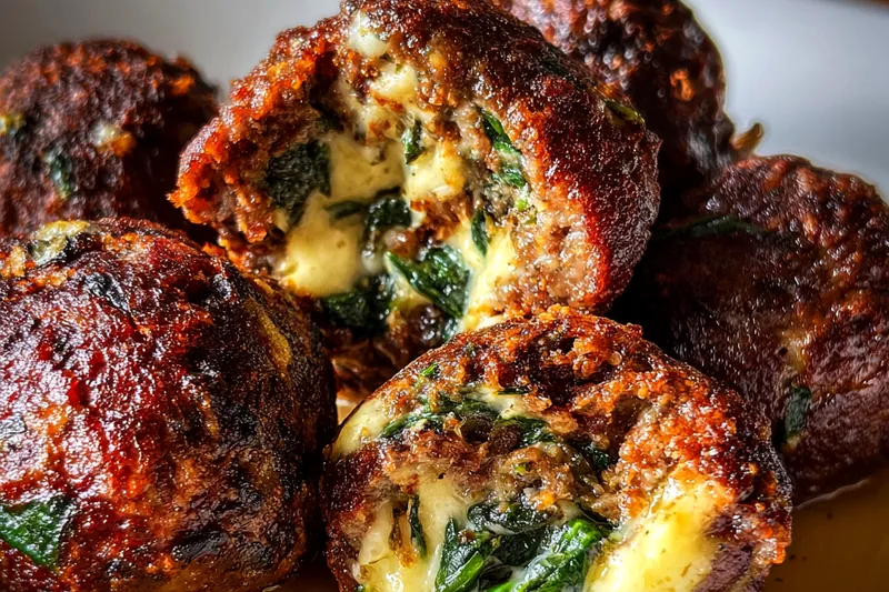 Cooking process for Spinach Mozzarella Stuffed Meatballs
