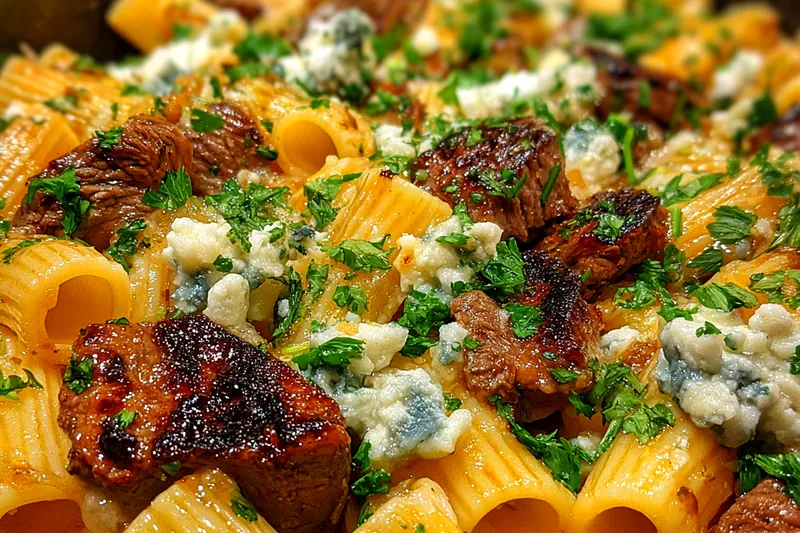 Cooking process for Steak and Blue Cheese Rigatoni