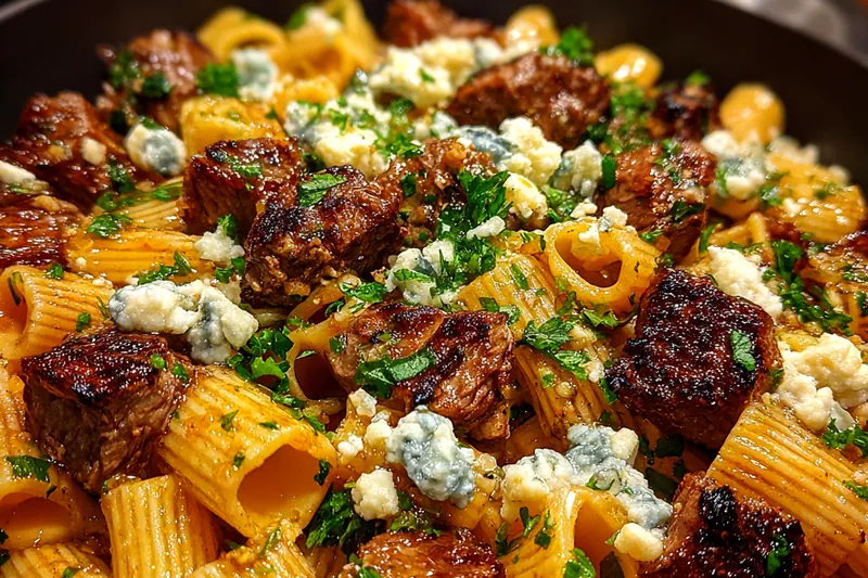 Fresh ingredients for Steak and Blue Cheese Rigatoni