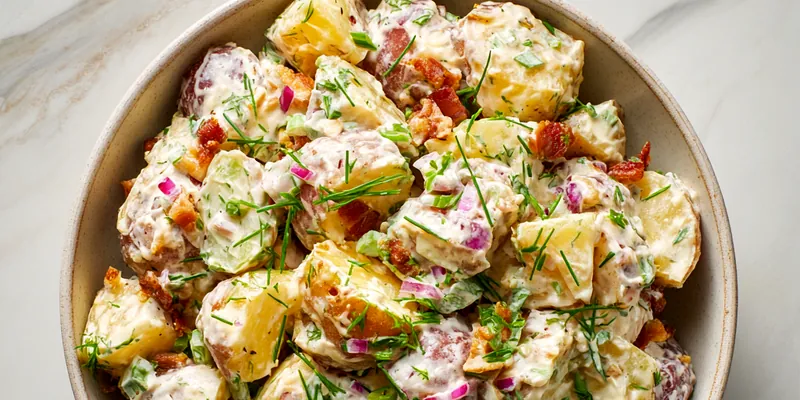 Delicious Loaded Steakhouse Potato Salad topped with bacon and green onions