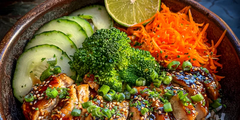 A beautifully plated Delicious Sticky Chicken Bowl with green onions and rice