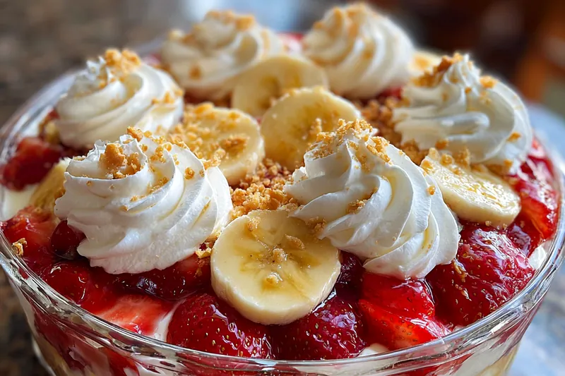 Process of layering strawberries and bananas with cream mixture for Delicious Strawberry Banana Delight.