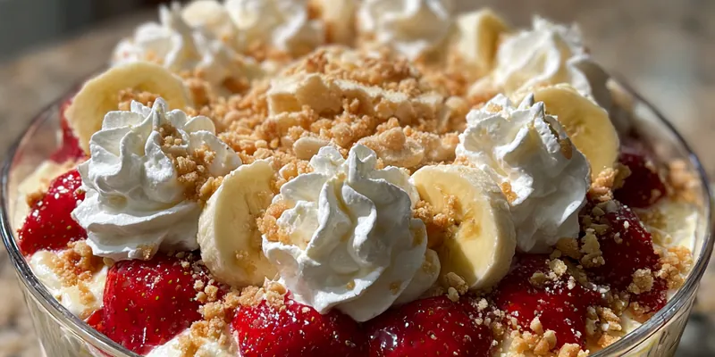 A beautifully plated Strawberry Banana Delight with layers of fresh strawberries and bananas topped with a creamy mixture and granola.
