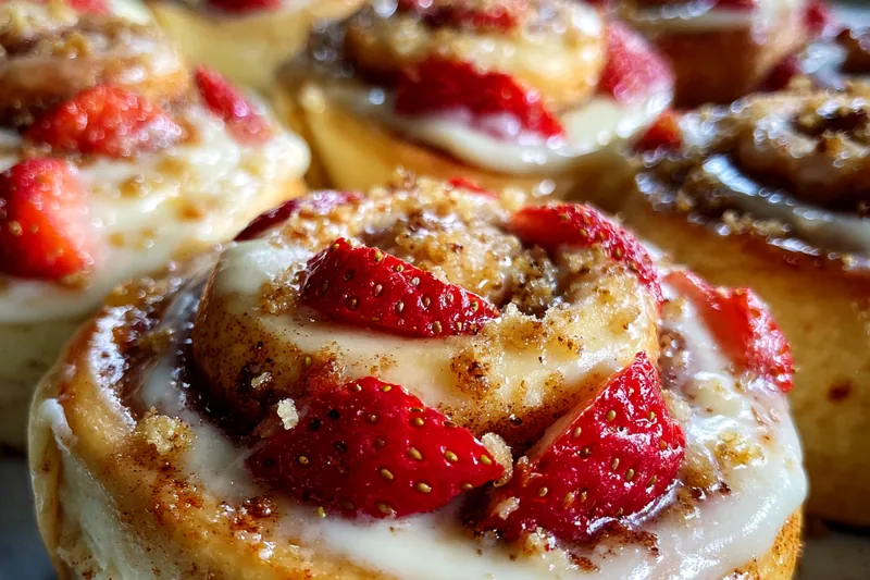 A step-by-step process showing Chef Mitchell rolling out and filling the dough for Delicious Strawberry Cinnabon Rolls.