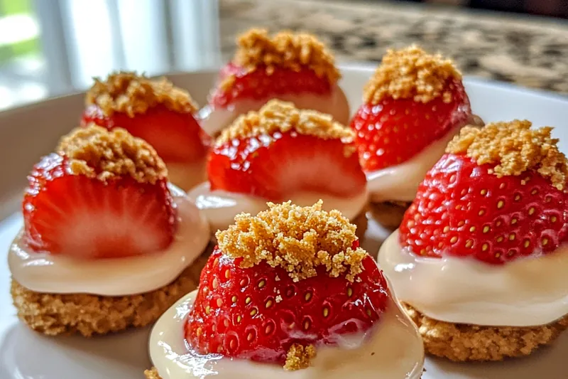 A vibrant display of ingredients for Delicious Strawberry Cheesecake Bites, including strawberries, cream cheese, and graham crackers.
