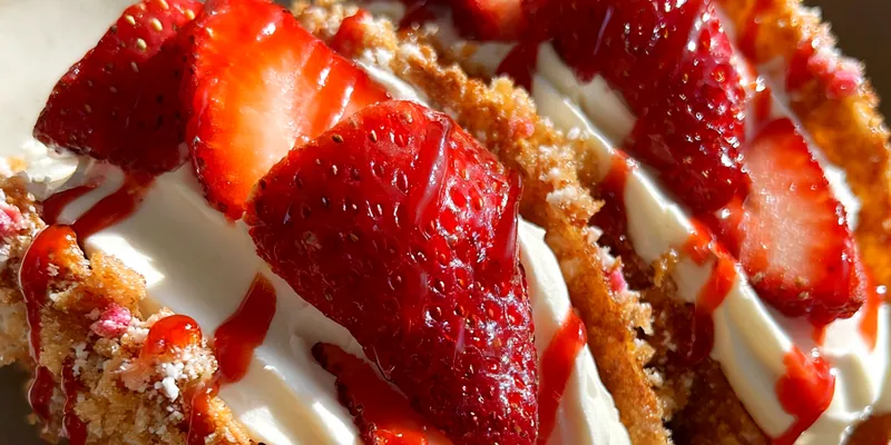 Delicious Strawberry Cheesecake Dessert served on a plate