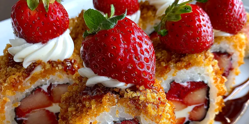 Delicious Strawberry Cheesecake Sushi Rolls served on a plate