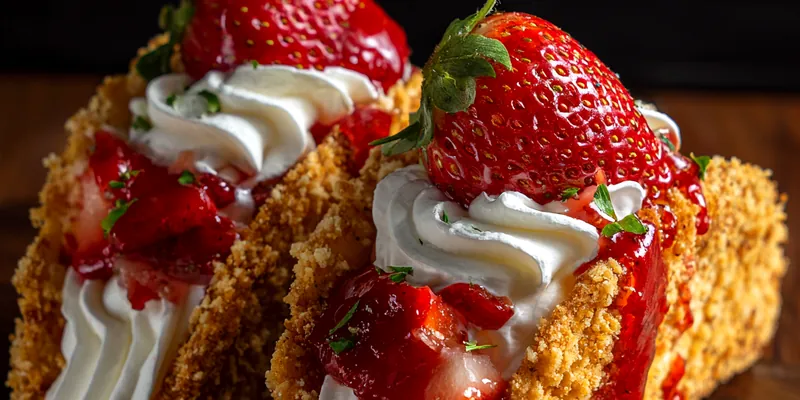 A beautifully plated Strawberry Cheesecake Taco topped with fresh strawberries and whipped cream.