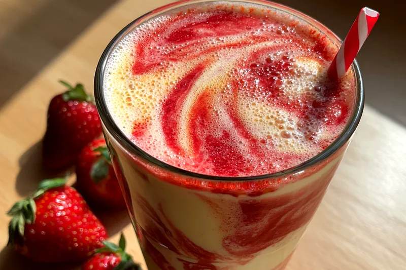 Blending ingredients in a high-speed blender to create a smooth mixture for the Fruity Strawberry Colada Smoothie.