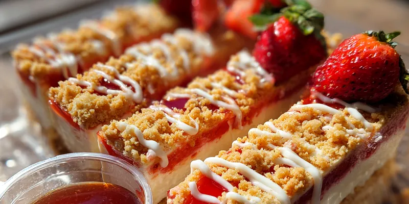 Delicious Strawberry Crunch Cheesecake Bars served on a plate