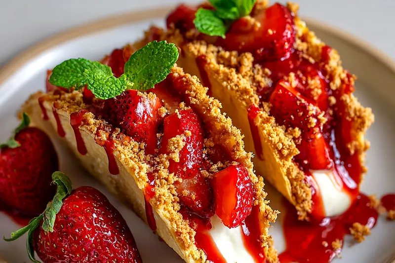 Taco shells being filled with cheesecake mixture and topped with strawberries