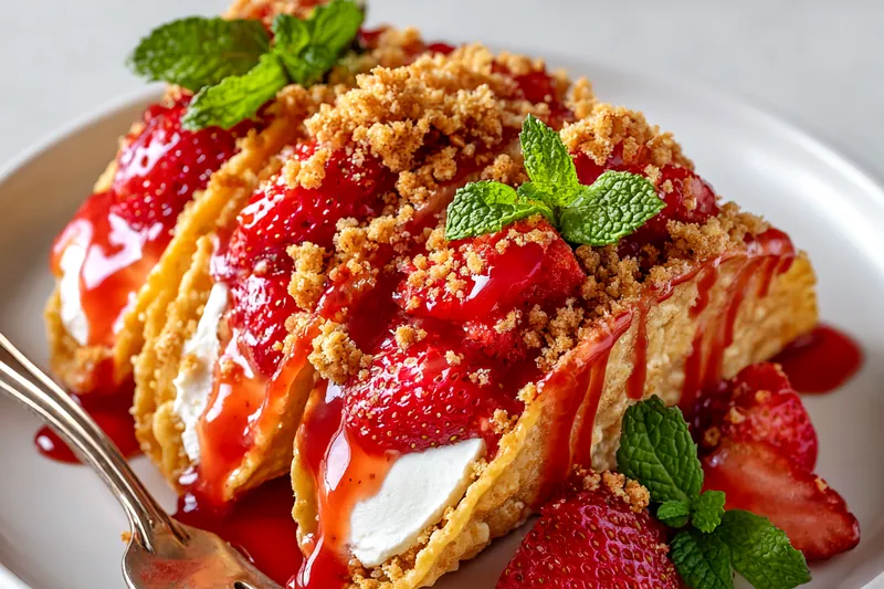Fresh strawberries, cream cheese, and taco shells laid out for preparation
