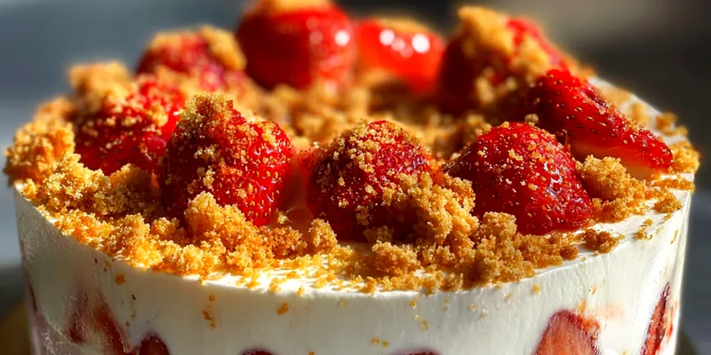 Delicious Strawberry Crunch Cream Cake served on a plate