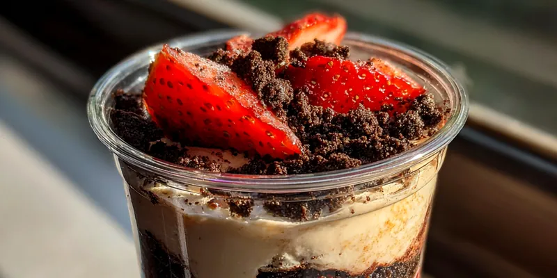 Delicious Strawberry Oreo Cheesecake Cup served on a plate