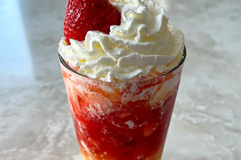 A chef demonstrates pouring soda over layers in a glass for Strawberry Shortcake Soda Delight.