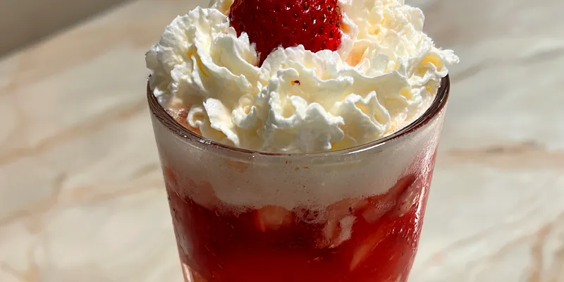 A tall glass of Strawberry Shortcake Soda Delight topped with whipped cream and strawberries.