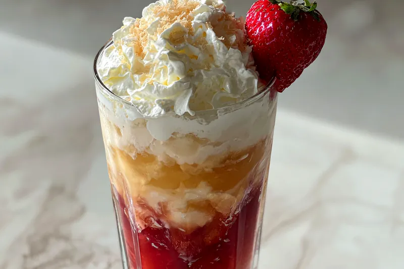An assortment of fresh strawberries, whipped cream, and shortcake biscuits arranged beautifully.