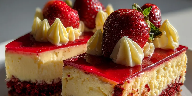 Delicious Strawberry Velvet Cheesecake served on a plate