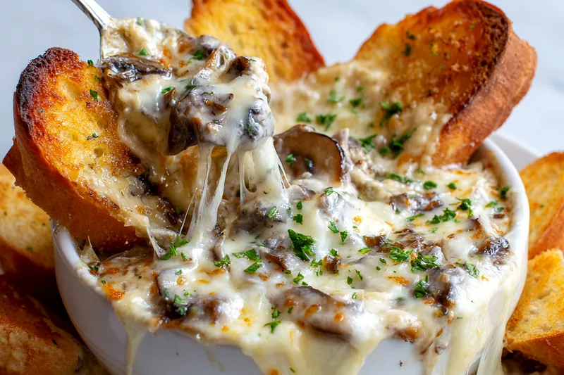 Ingredients for stuffed mushroom dip including mushrooms, cheese, and spices