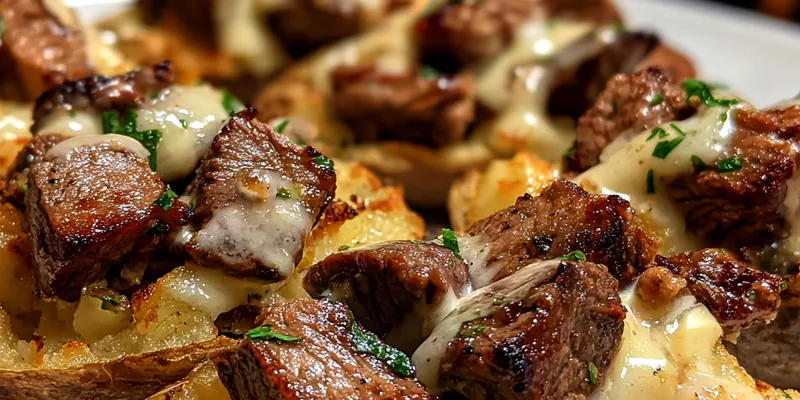 Delicious Stuffed Potato with Creamy Steak served on a plate