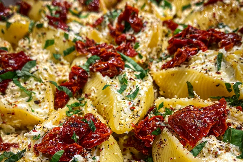 Chef Mitchell skillfully assembling Sun-Dried Tomato Shells in a baking dish.