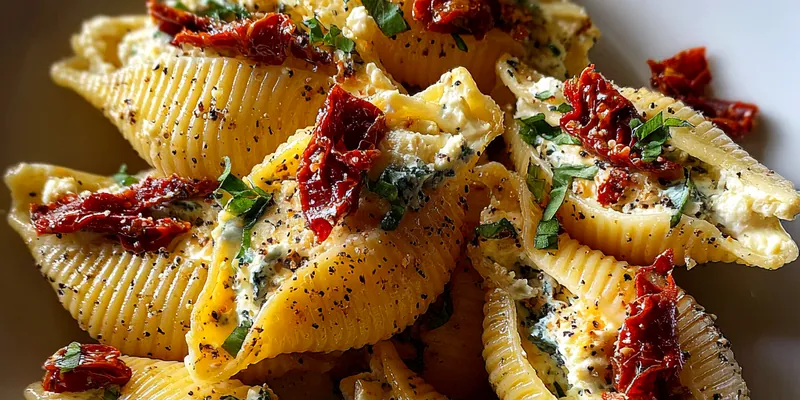 A delicious serving of Sun-Dried Tomato Shells topped with melted mozzarella and fresh basil.