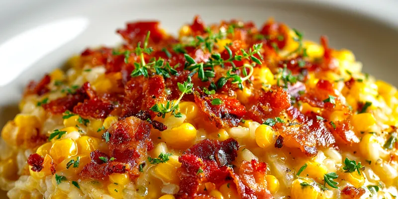 Plate of Sweet Corn Risotto garnished with crispy pancetta.