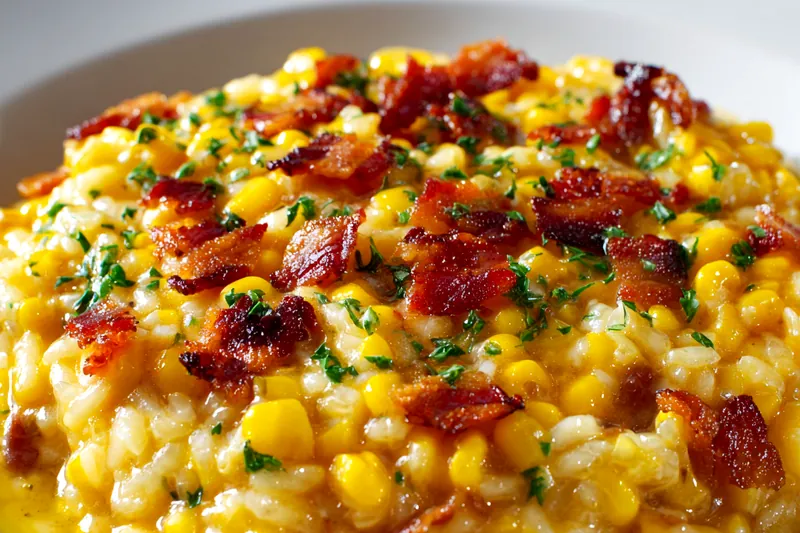 Fresh ingredients for Sweet Corn Risotto including corn, rice, and pancetta.