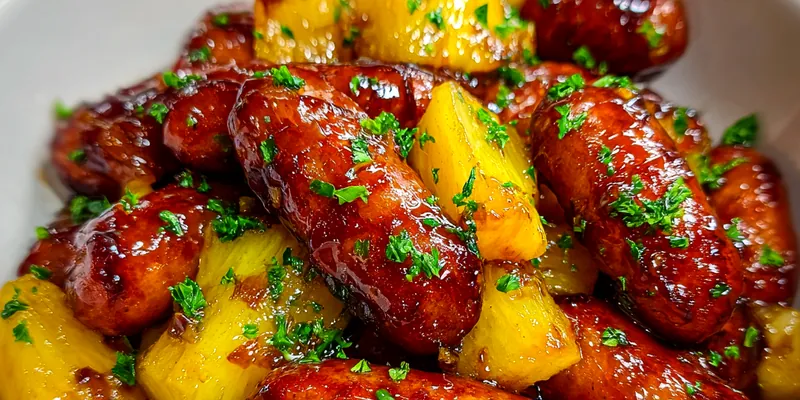 Delicious Sweet Pineapple Sausage Bites served on a plate