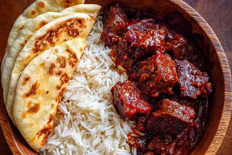 Cooking process for Tender Indian Beef Curry with Basmati Rice