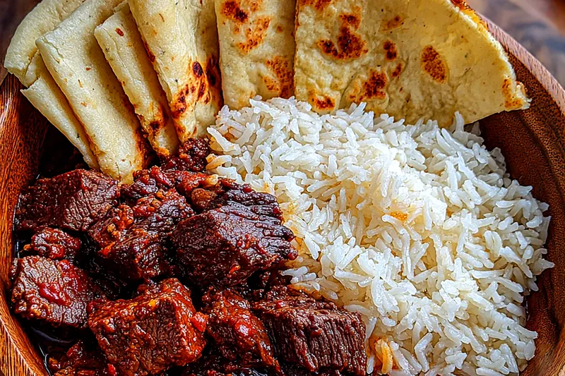 Fresh ingredients for Tender Indian Beef Curry with Basmati Rice