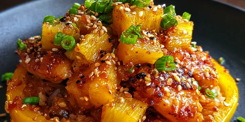 A beautifully plated Teriyaki Chicken Pepper Delight garnished with green onions and sesame seeds, served over a bed of white rice.