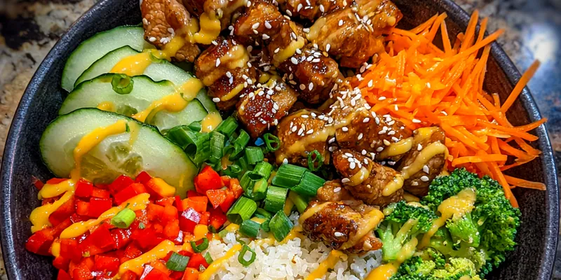 A colorful Delicious Teriyaki Turkey Bowl with ground turkey, broccoli, and bell peppers served over rice.