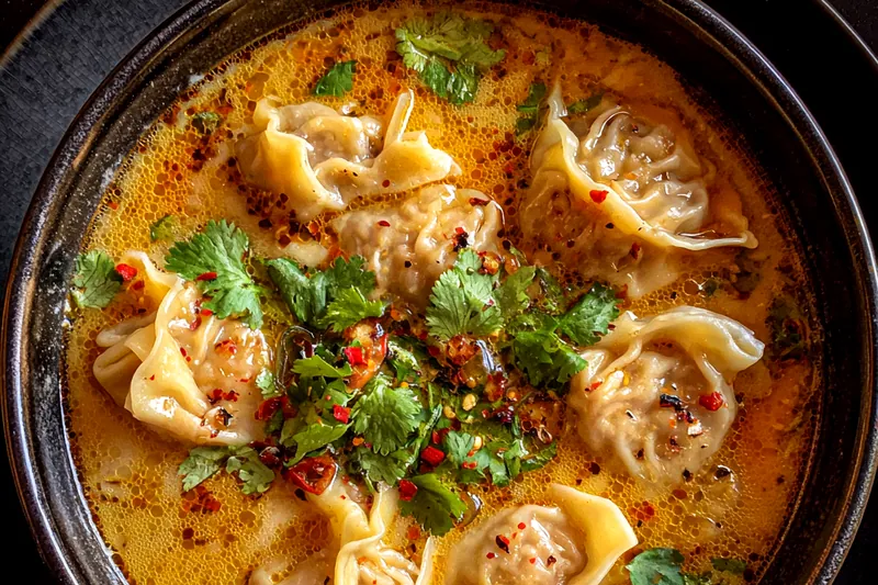 The cooking process for Savory Thai Potsticker Soup, showcasing the potstickers simmering in the flavorful broth.