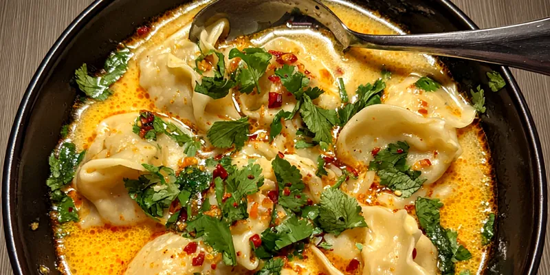 A warm bowl of Savory Thai Potsticker Soup garnished with scallions and cilantro, served with lime wedges on the side.