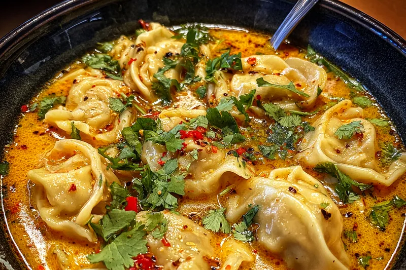 A beautifully arranged display of ingredients for Savory Thai Potsticker Soup, including potstickers, fresh vegetables, and spices.