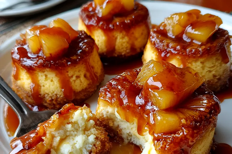 Baking process of mini pineapple upside-down cheesecakes in the oven.